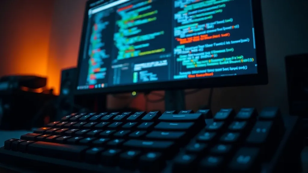 Close-up of a high-end mechanical keyboard and a monitor sho