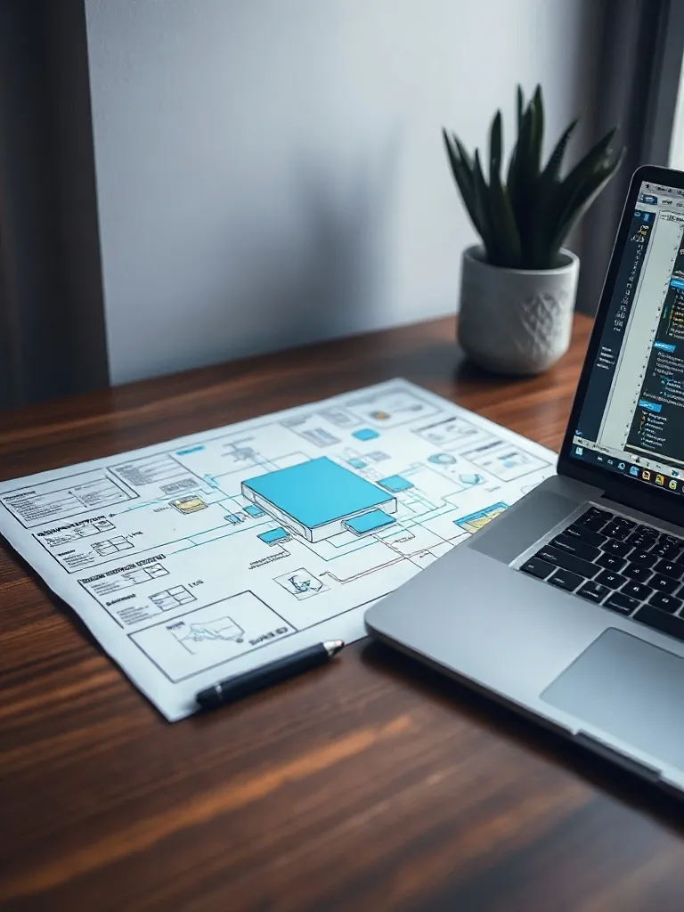 Architectural blueprint of a software system on a desk next