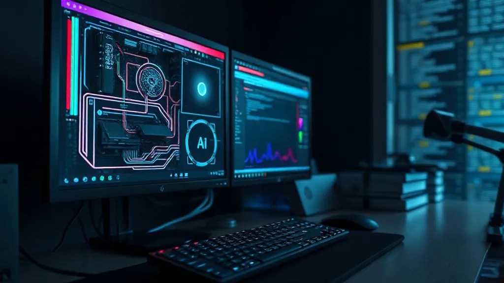 Close-up of a high-end desktop workstation, dark aesthetic,