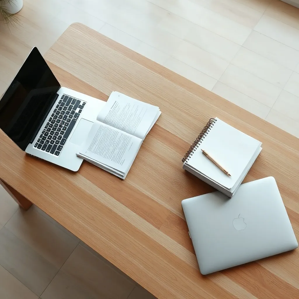 A high-angle shot of a clean, minimalist wooden desk with a